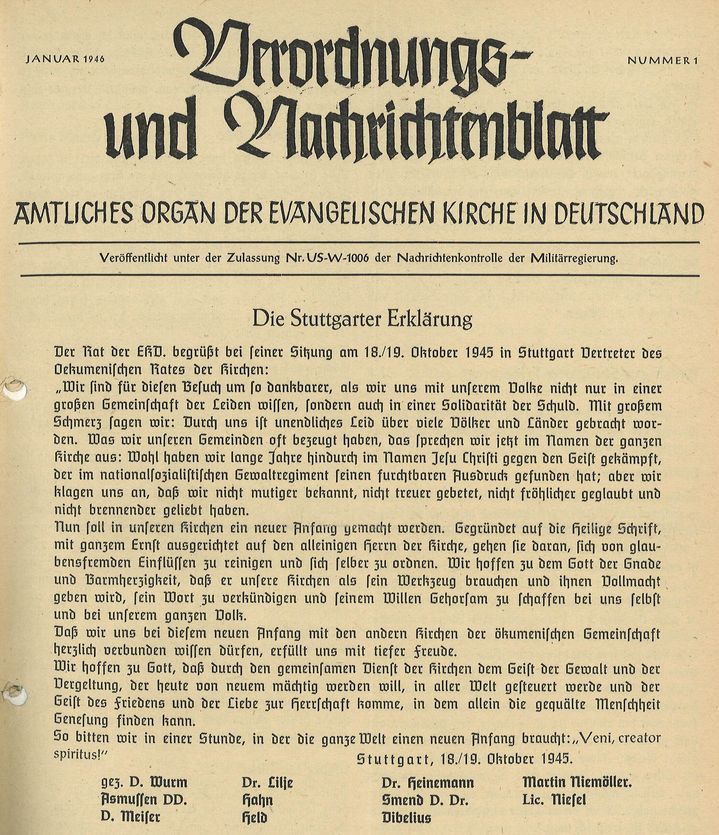 Das Stuttgarter Schuldbekenntnis im Verordnungs- und Nachrichtenblatt der EKD 1945.