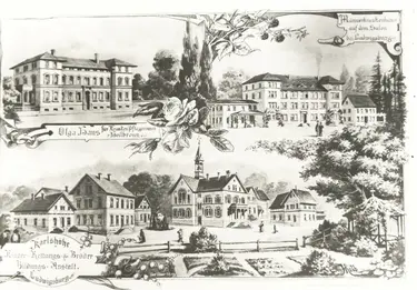 Karlshoehe-Chronik-1876-scaled c Karlshöhe Ludwigsburg (freigegeben) Wie die Olgaschwestern auf die Darstellung der frühen Karlshöhe (oben rechts) kamen, sollte wohl als Referenz an Königin Olga, respektive das Herrscherpaar, gedeutet werden. Königin Olga stiftete den Schwestern 1877 ein Haus in Heilbronn (das „Olgahaus“). 1894 zogen die Krankenschwestern, die mittlerweile unter „Olgaschwestern“ firmierten, nach Stuttgart und bekamen ihre eigene Ausbildungsstätte: das Karl-Olga-Krankenhaus.