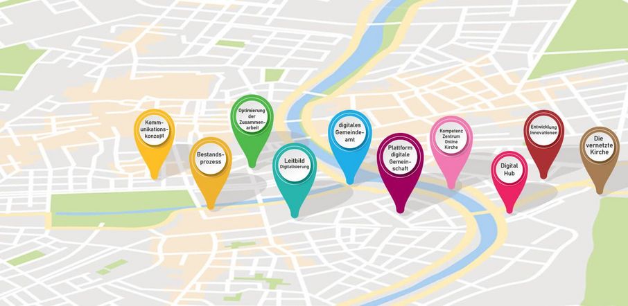 Darstellung der digitalen Roadmap auf einer Landkarte mit Ortsmarkern