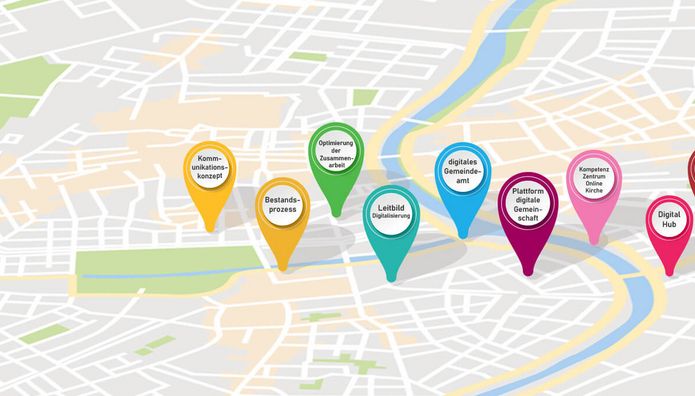 Darstellung der digitalen Roadmap auf einer Landkarte mit Ortsmarkern