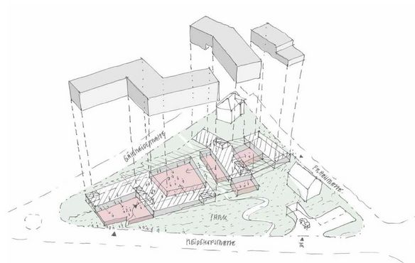 Diese Konzeptskizze zeigt das Zusammenspiel von Sockelgeschossen und Gebäudeteilen.