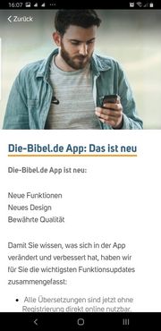 Auch in der App selbst erklärt die Deutsche Bibelgesellschaft, was sich für die Nutzer geändert hat.