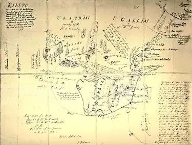 Landkarte des Kikuyu-Gebietes im heutigen Kenia, gezeichnet 1848 von Johannes Rebmann.