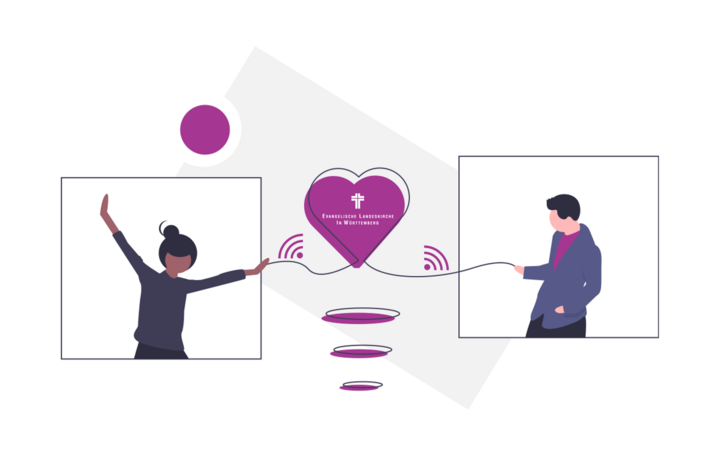 Stilisierte Grafik mit zwei Personen und einem Herz, dass freies WLAN verteilt