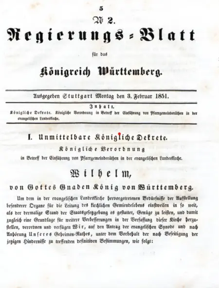 Regierungsblatt für das Königreich Württemberg vom 3. Februar 1851 - Einführung von Pfarrgemeinderäten Regierungs-Blatt für das Königreich Württemberg vom 3. Februar 1851 (Titelseite)