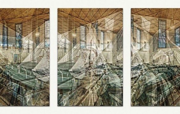 Neben seinen Dokumentationen entwickelt der Panoramafotograf Josh von Staudach Ideen für freie Arbeiten, die beispielsweise zu dem Triptychon führen, das er im Eingangsbereich der Kirche aufgehängt hat.